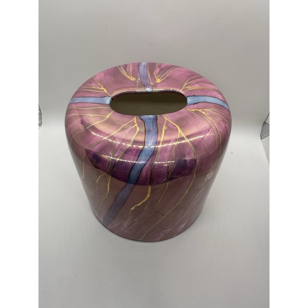 Hand Painted Ceramic Tissue Box Cover 24K Gold Accents Purple Art Pottery‎